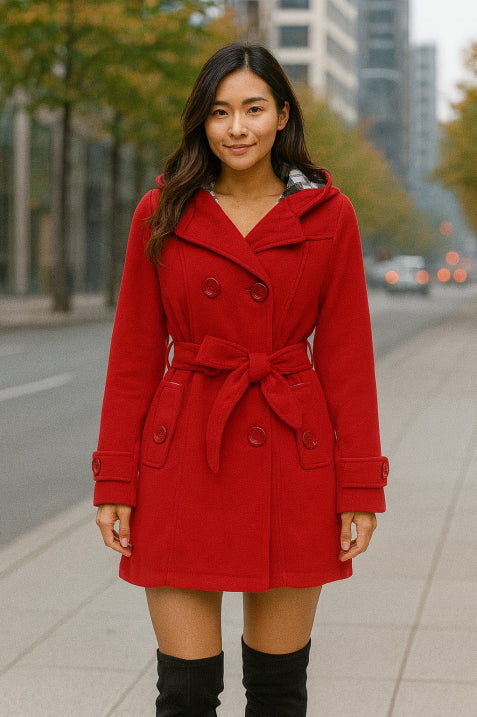 ModeGeist | Damen Kapuzen Doppelreihiger Mantel Gürtel
