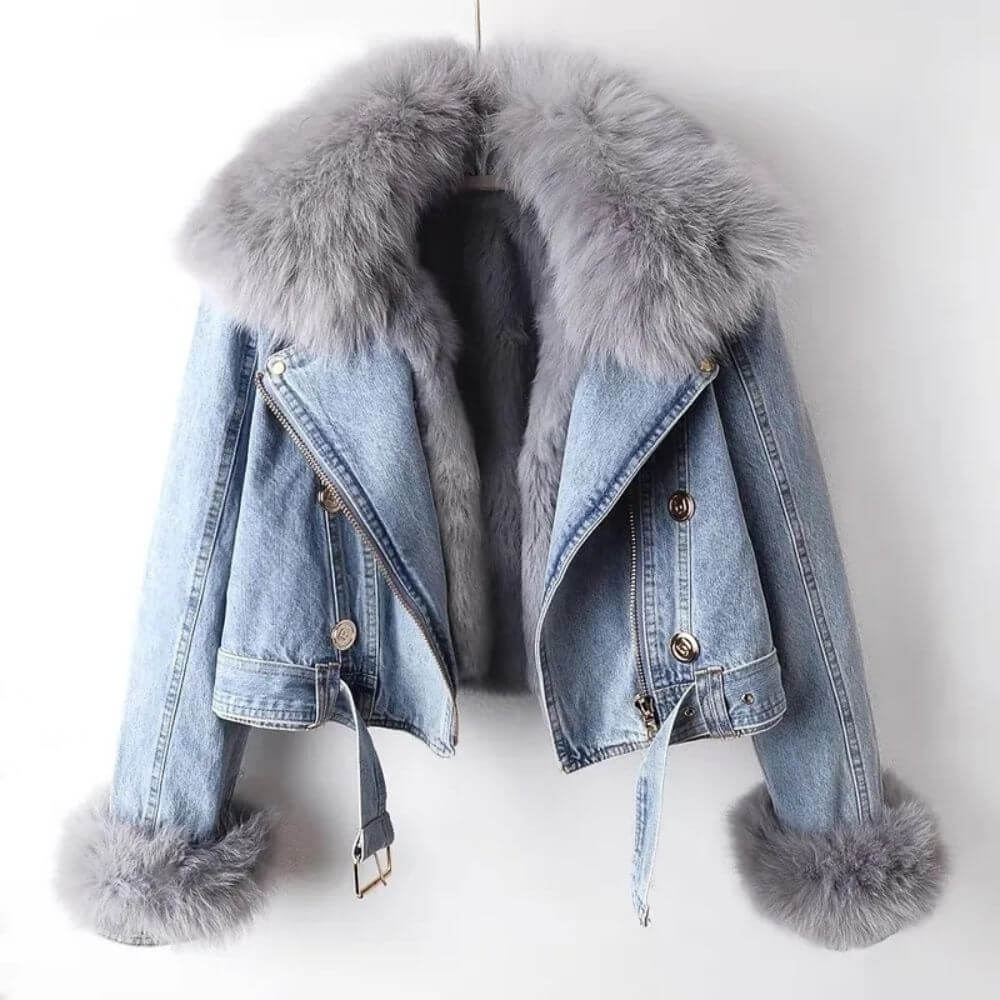 ModeGeist | Denimjacke mit Abnehmbarem Kunstfellkragen
