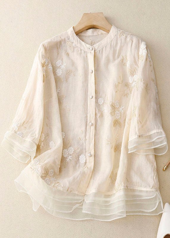 MODEGEIST Damen Bluse Blumenstickerei Leichte Baumwolle Beige Elegant