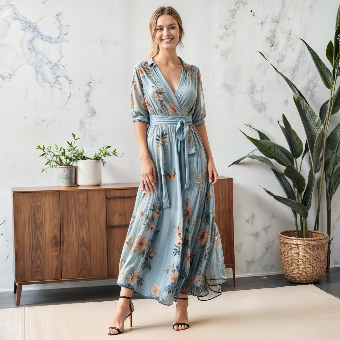 MODEGEIST Damen V-Ausschnitt Midi-Kleid Fließend Sommerkleid Blau