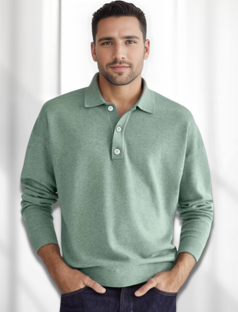 Herren-Poloshirt von Matteo Polo: Langarm, Merino-Optik, lässiger Stil