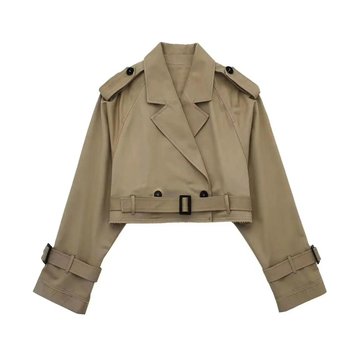 ModeGeist | Damen - kurze beige Jacke mit doppelten Knöpfen und Gürtel für einen stilvollen Look