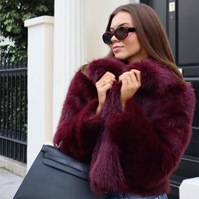 ModeGeist | Fake,Fur,Mäntel mit Großer Kragen, Weinrot