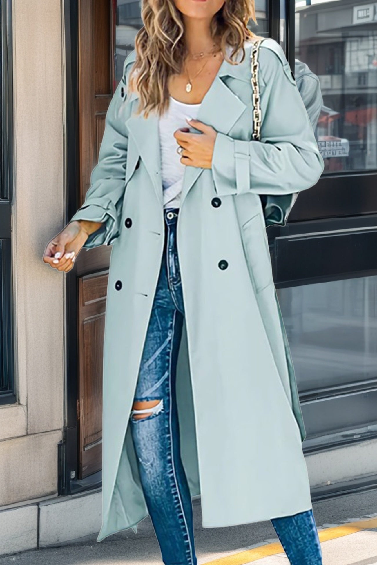 ModeGeist | Langer Trenchcoat mit Doppelknopf und Reverskragen