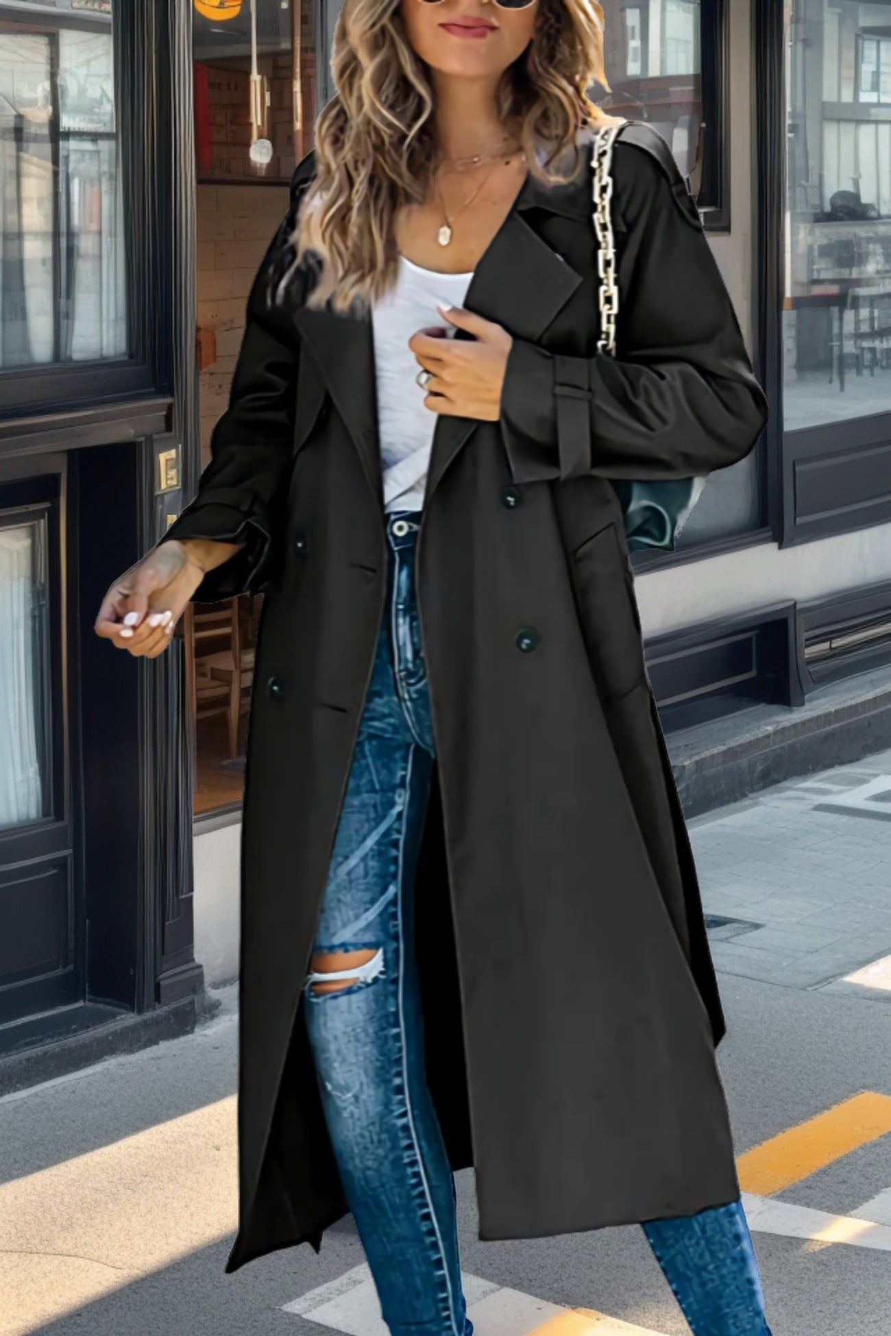 ModeGeist | Langer Trenchcoat mit Doppelknopf und Reverskragen