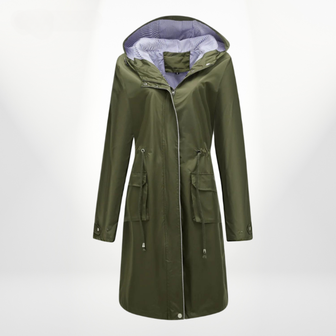 ModeGeist | Schwarzer Trenchcoat mit Kapuze und Reißverschlussclosure