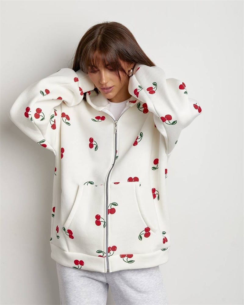 ModeGeist | Damen Sweatshirt mit Kapuze und Reißverschluss mit Kirschdruck