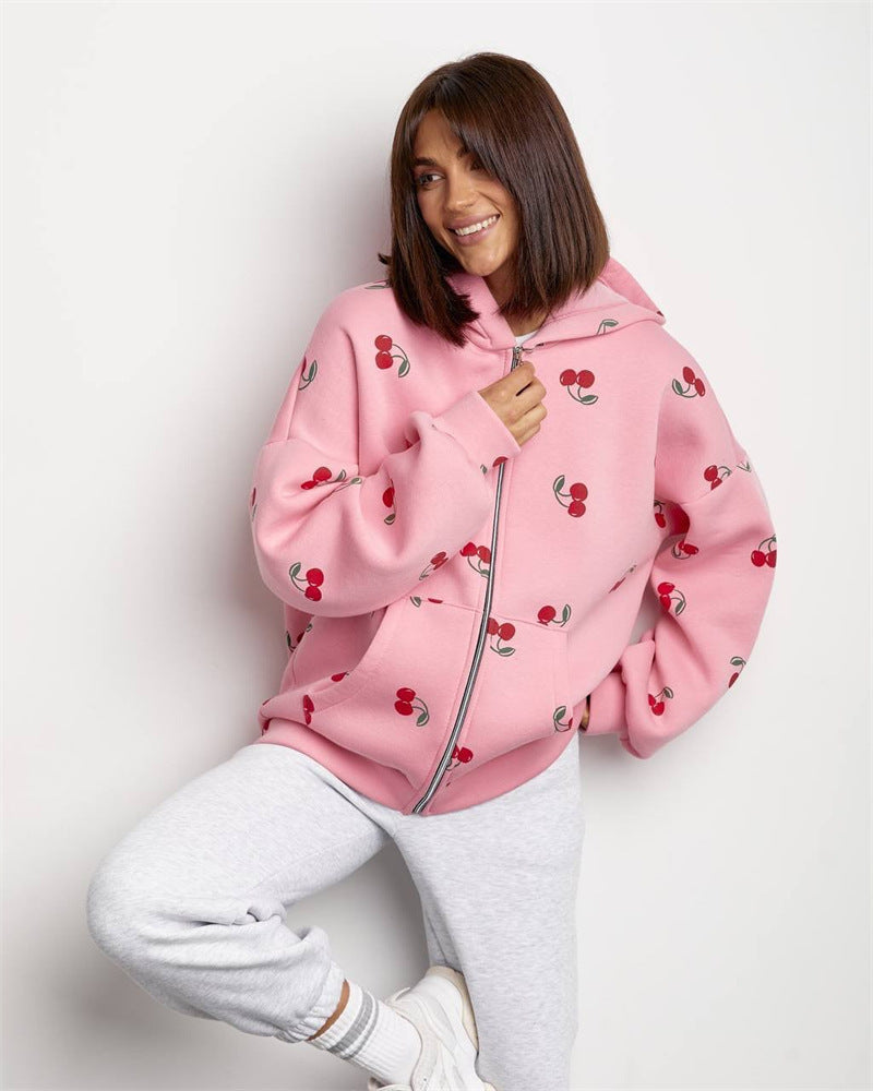 ModeGeist | Sweatshirt mit Kapuze und Reißverschluss für Frauen mit Kirschdruck Mely