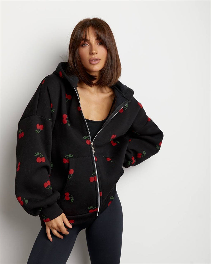 ModeGeist | Damen Sweatshirt mit Kapuze und Reißverschluss mit Kirschdruck