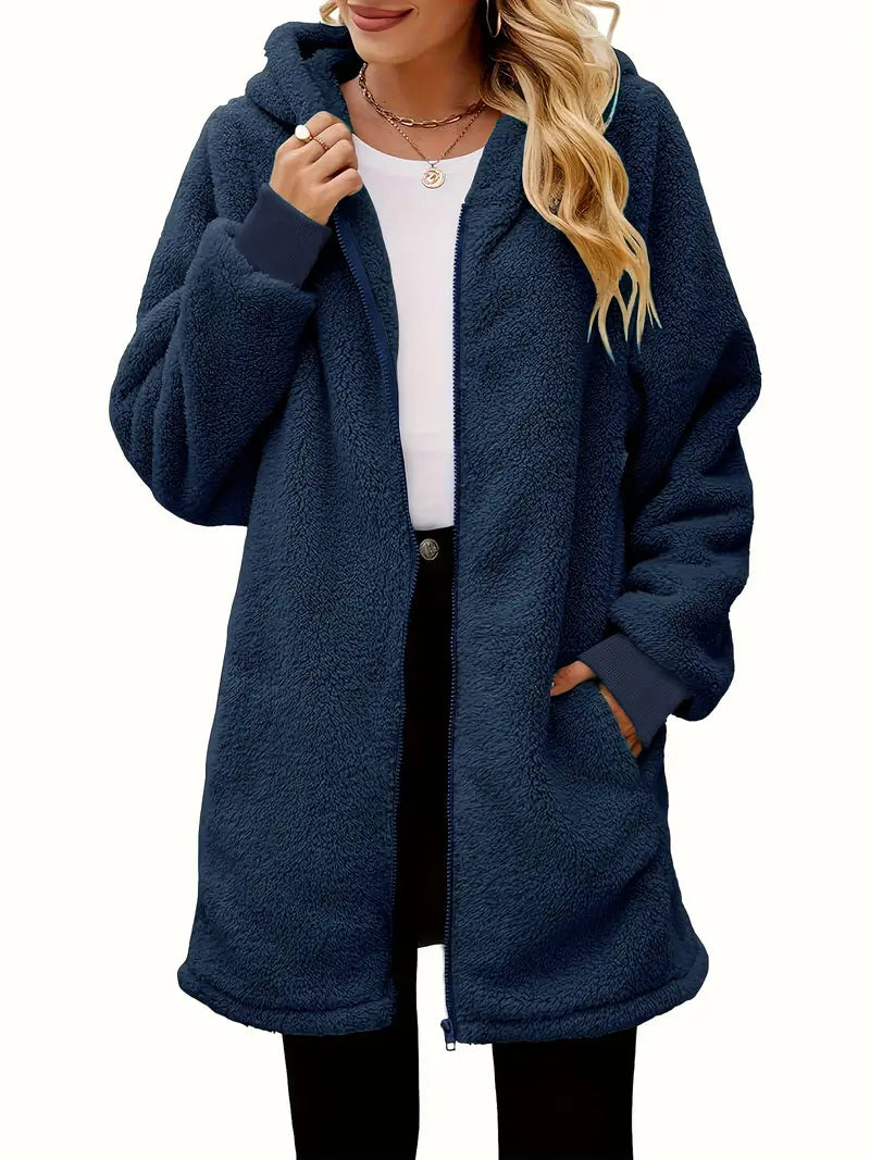 Warme Yuriel Winterjacke mit Kapuze, lässiger Kunstpelz-Zippermantel