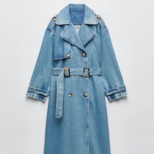 ModeGeist | Mantel Lang mit Gürtel für Frauen In Blau Ideal für Die Übergangszeit