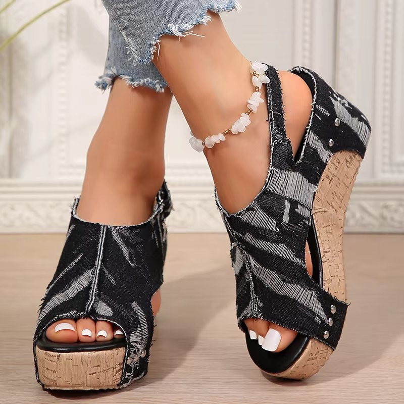 MODEGEIST Damen Keilabsatz-Sandalen Kork Denim Verstellbare Riemen