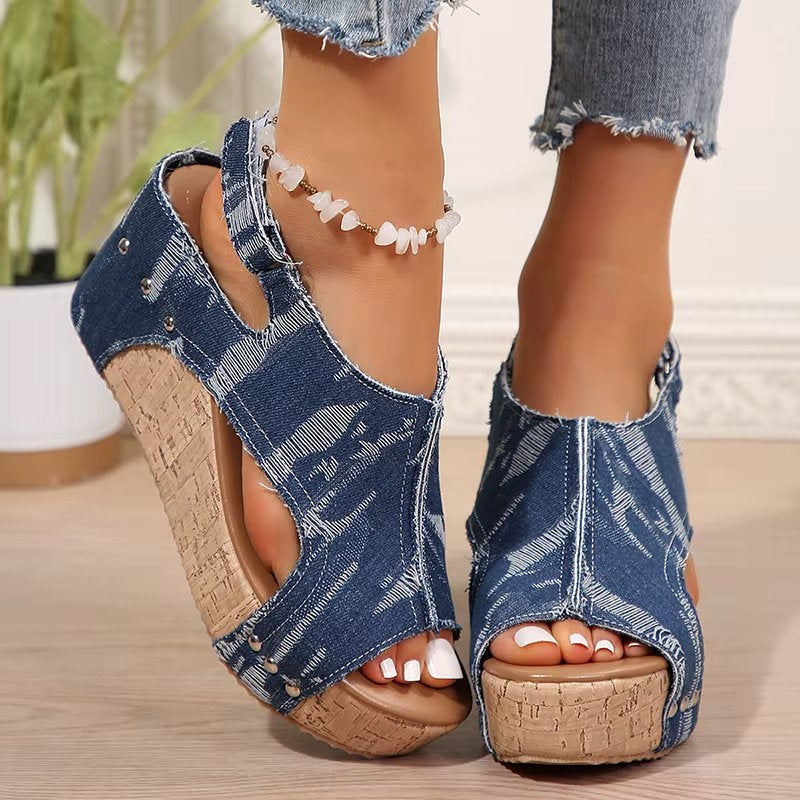 MODEGEIST Damen Keilabsatz-Sandalen Kork Verstellbare Riemen Gepolstert