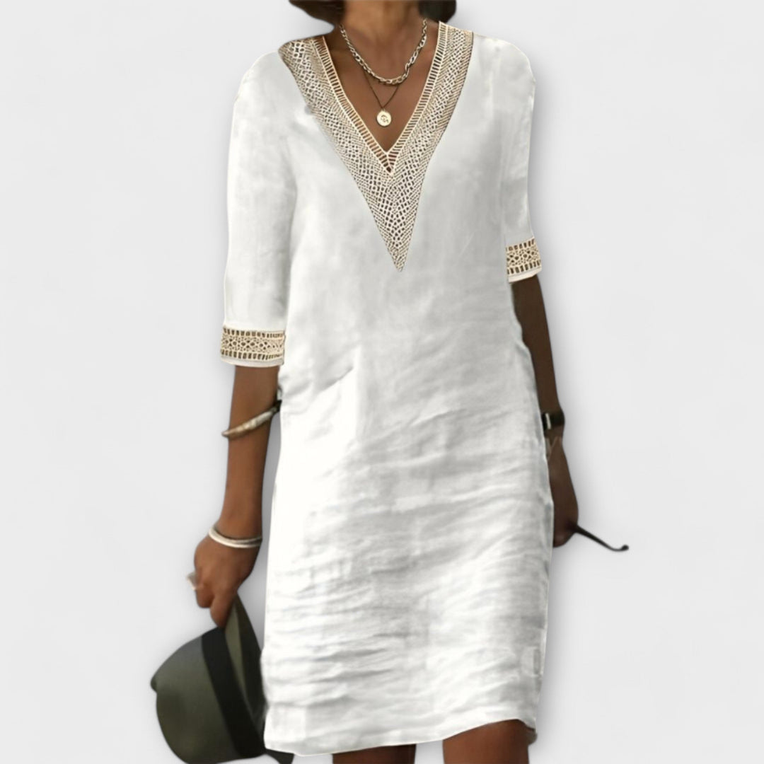 MODEGEIST Damen Häkel-Kleid Lochmuster Fließende Silhouette