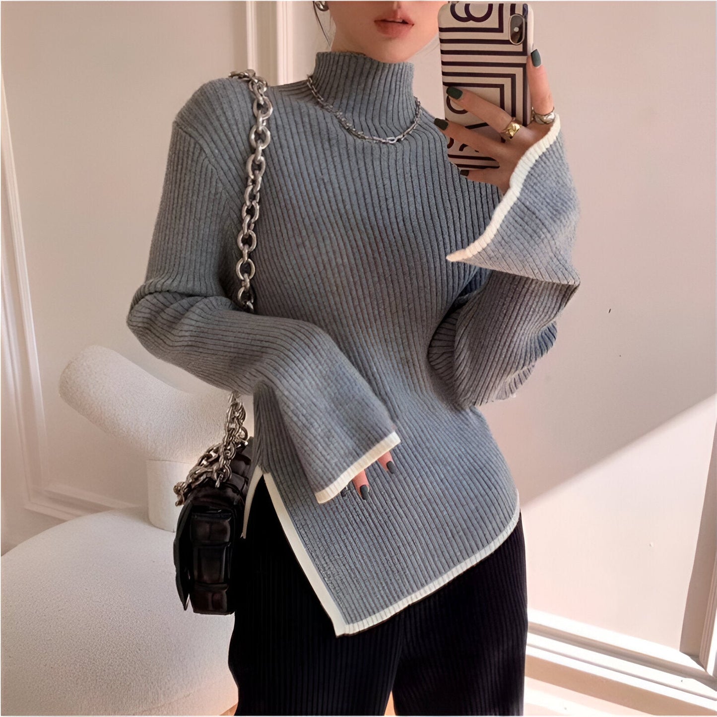 Damen Rollkragenpullover mit langen, weiten Ärmeln (Edina)