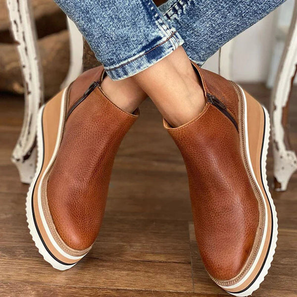 ModeGeist | Stiefeletten Glattes Lederlook Seitenreißverschluss Plateausohle Schlanke Passform