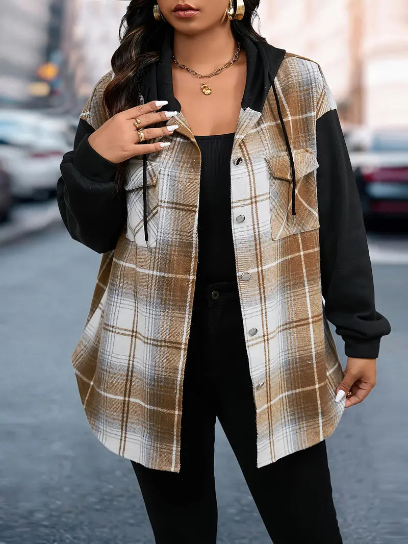 Women's Plus Size Plaid Hooded Button-Up Jacket with Raglan Sleeves and Drawstring