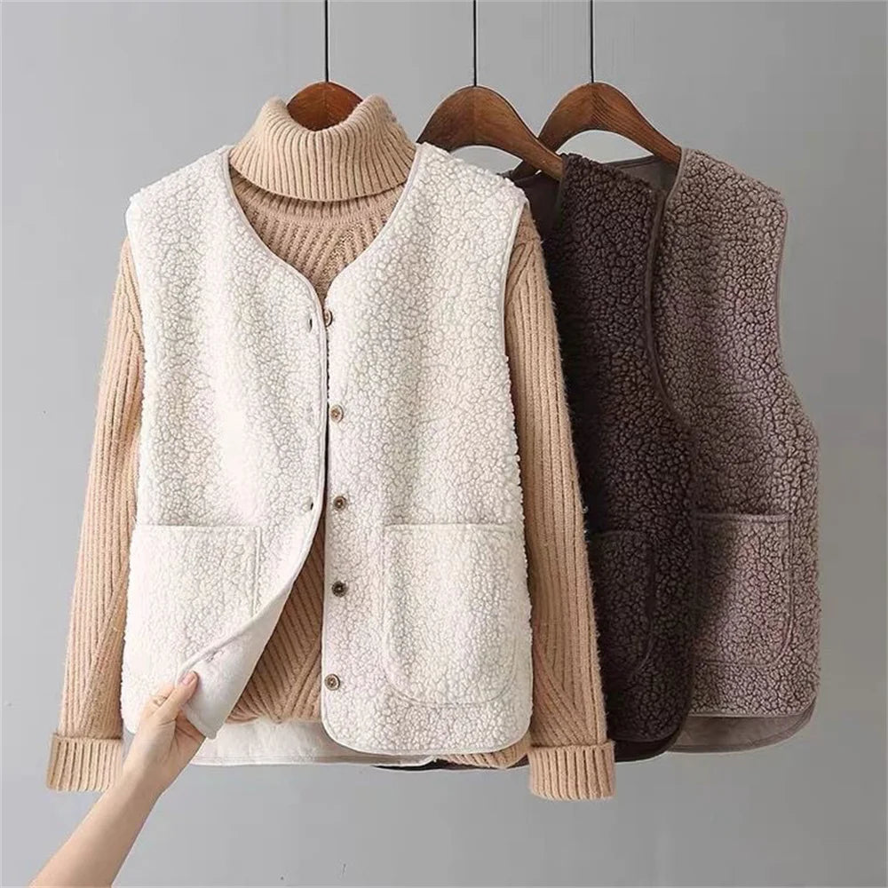 MODEGEIST Damen Weste Knopfverschluss Beige Winter Layering