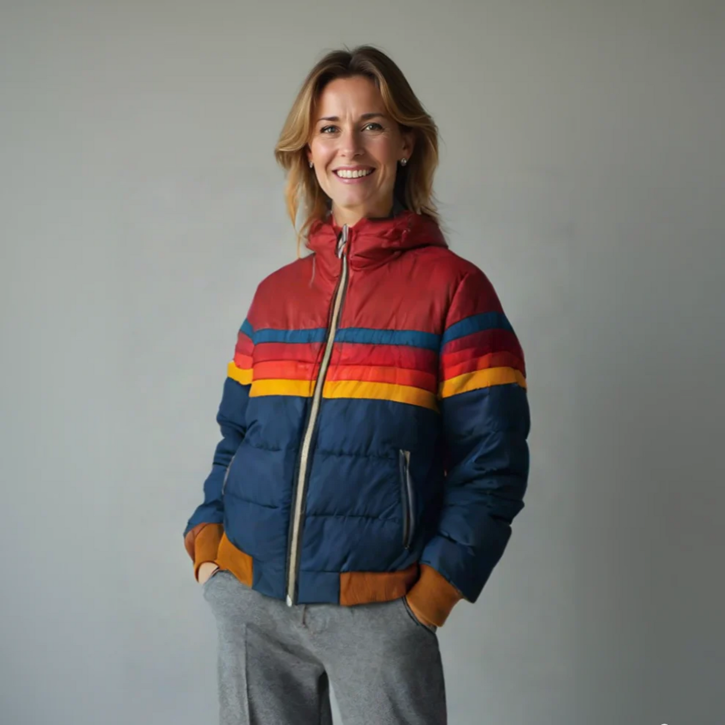 MODEGEIST Damen Retro Zip-Jacke Regenbogen-Streifen Bunt