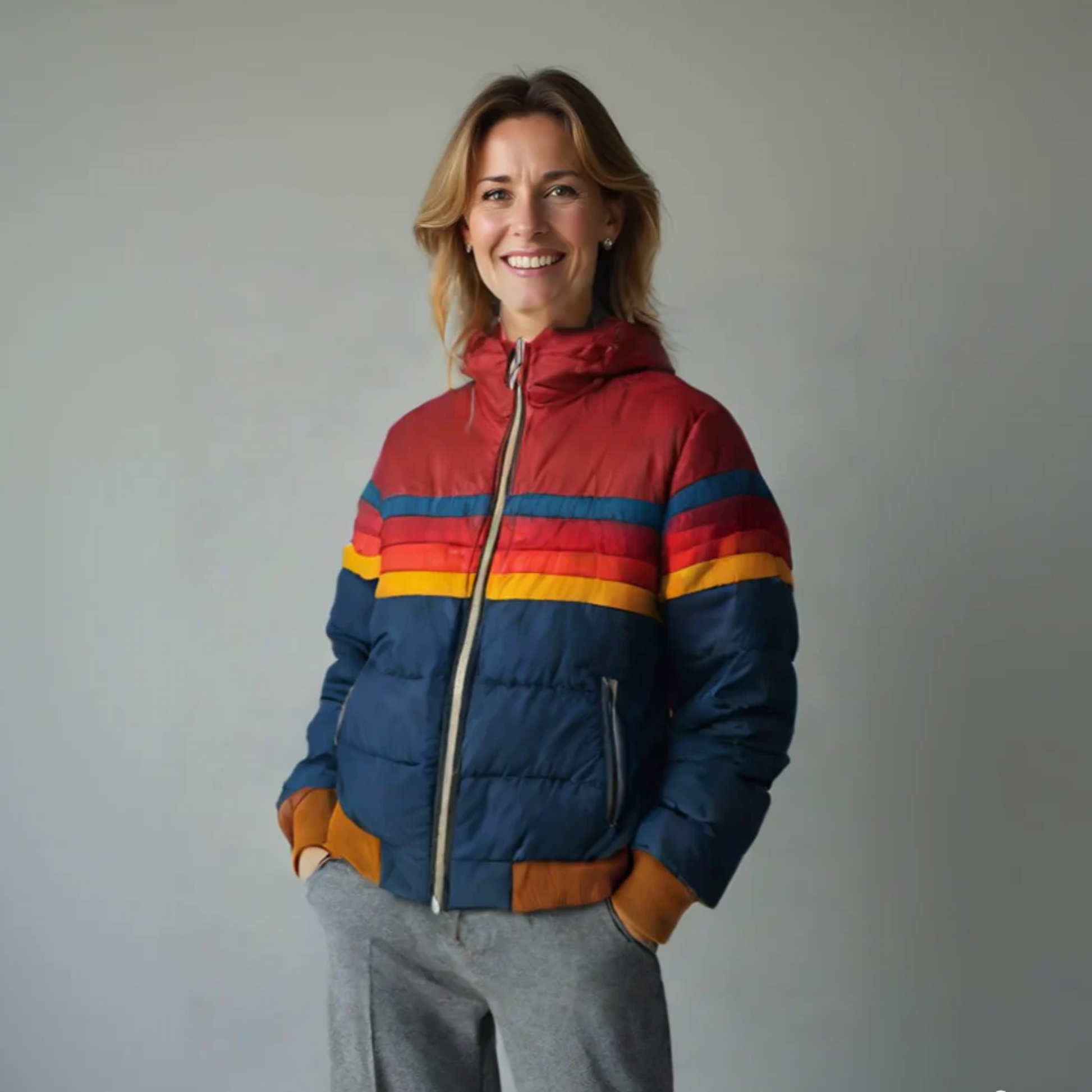 MODEGEIST Damen Retro Zip-Jacke Regenbogen-Streifen Bunt