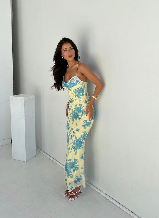 MODEGEIST Damen Maxi-Kleid Blumenmuster Ärmellos Fließend