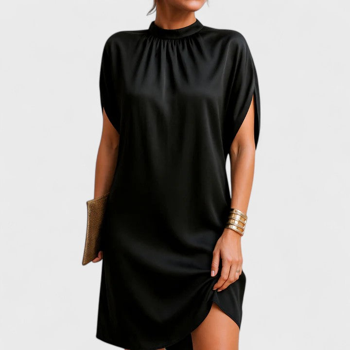 MODEGEIST Damen Mini-Kleid Stehkragen Split-Ärmel Schwarz