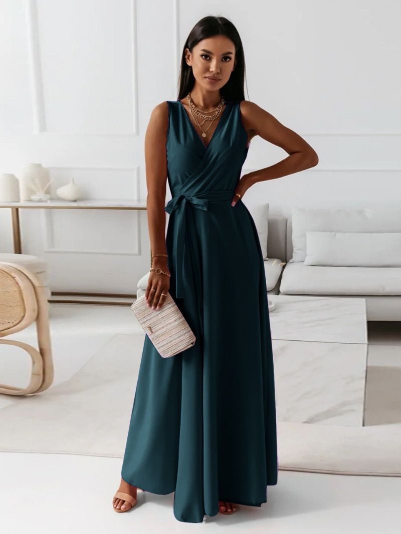 Langes, unifarbenes Damenkleid mit V-Ausschnitt – Ginnie