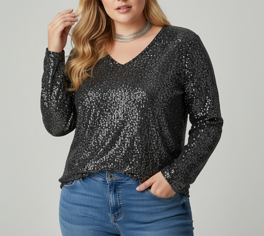Damen Glänzende Top mit Elegantem V-Ausschnitt | Große Größen