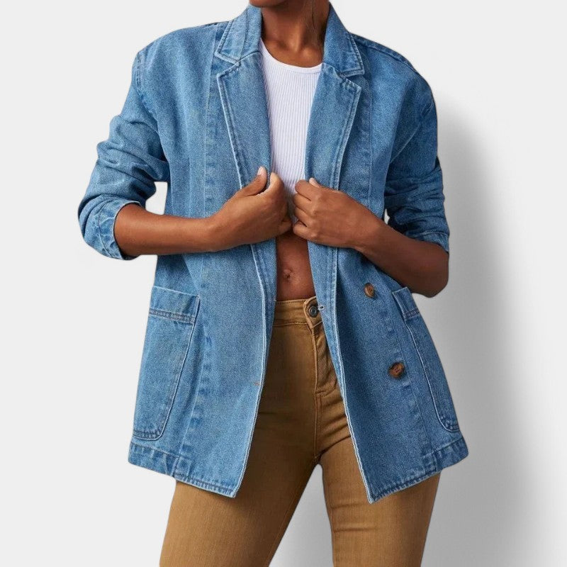 ModeGeist | Damen Denim Blazer mit Langen Ärmeln und Taschen