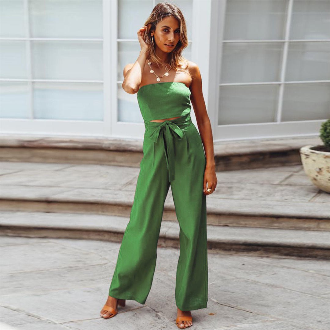 MODEGEIST Damen Jumpsuit Trägerlos Weite Beine Taillengürtel Beige