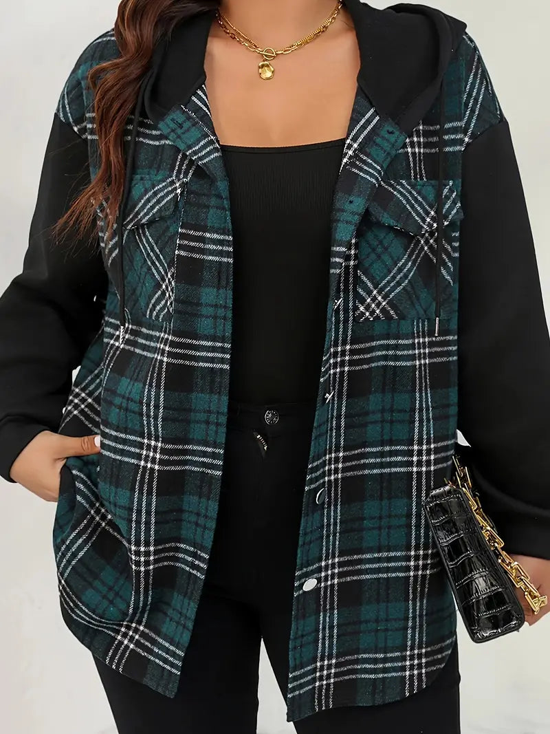 Women's Plus Size Plaid Hooded Button-Up Jacket with Raglan Sleeves and Drawstring