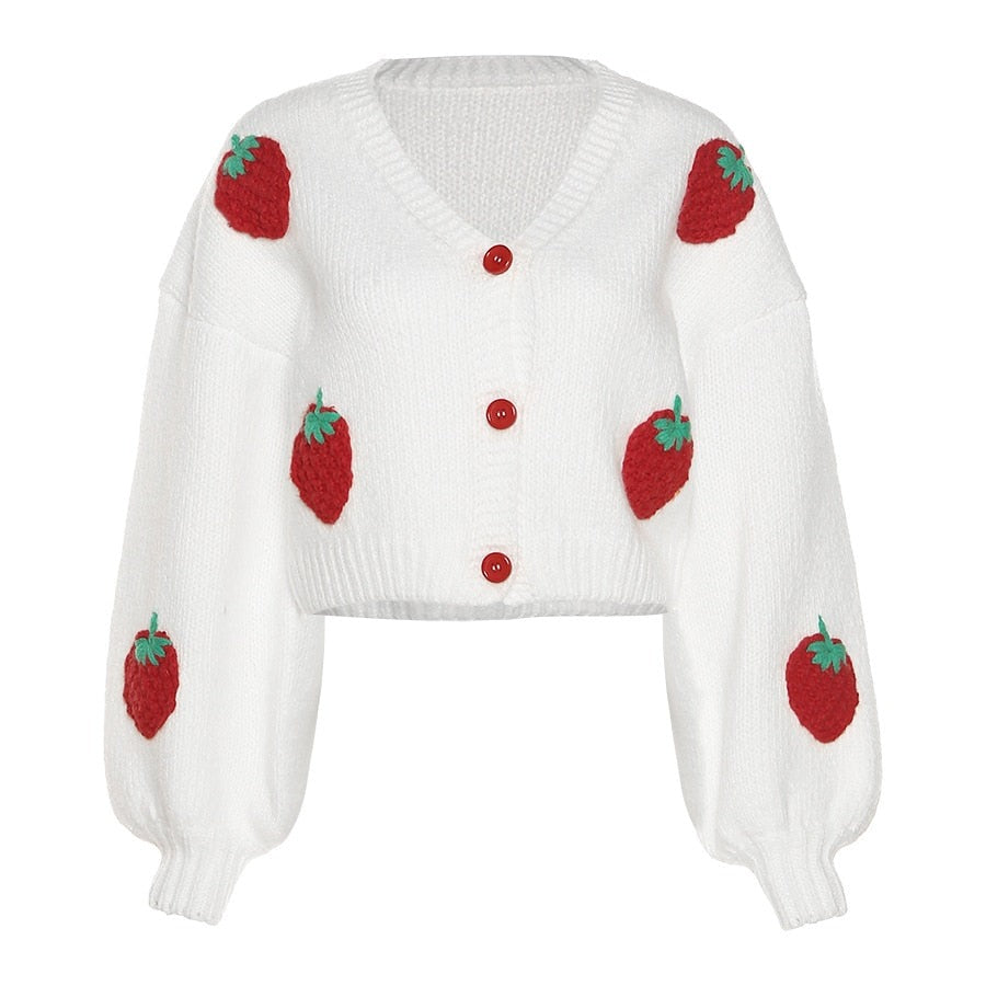 ModeGeist | Strickjacke Weiches gestricktes Jacket mit süßen Erdbeeren