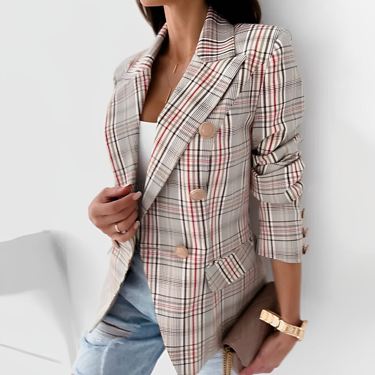 Avelena Damen Blazer: Kariert mit Knöpfen