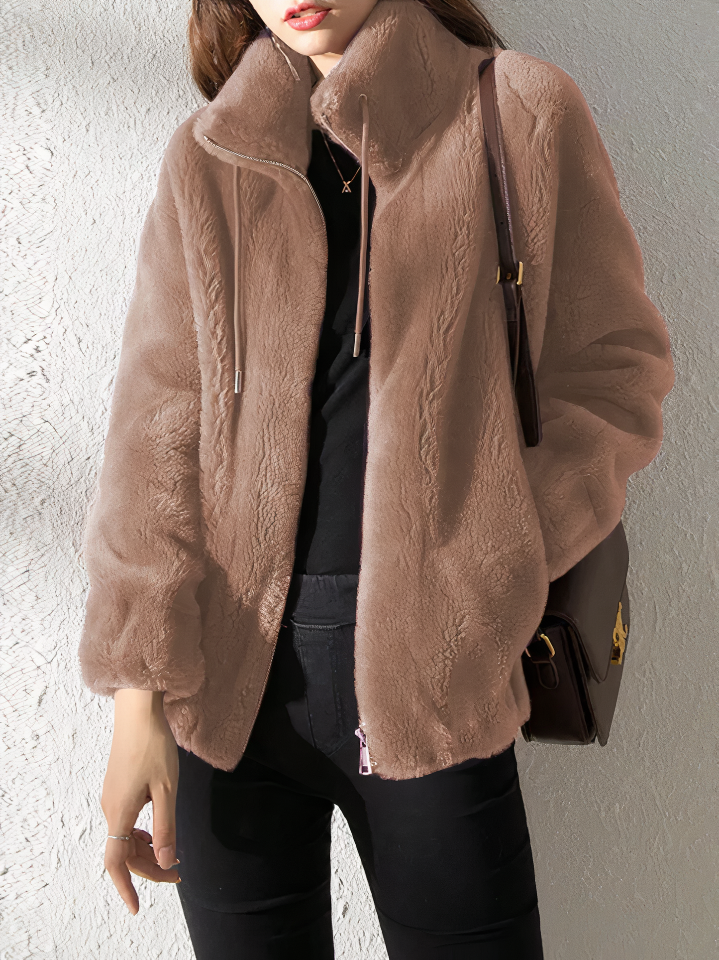 ModeGeist | Teddy Fleece Jacke - Weiches Kunstfell - Hoher Kragen - Reißverschluss - Lässige Passform