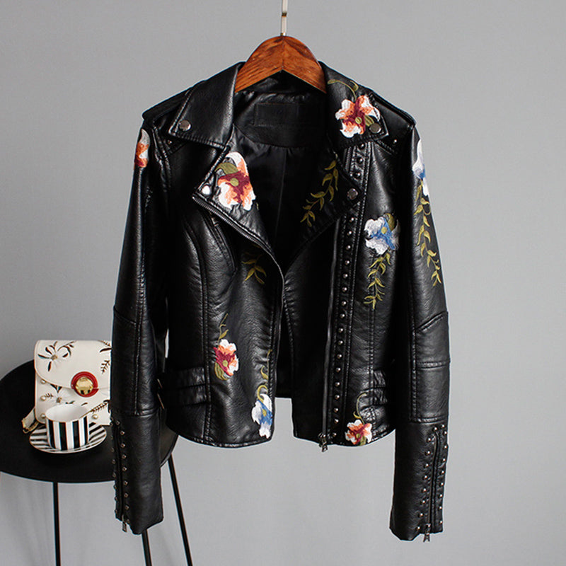 ModeGeist | Bikerjacke mit Stickerei Pu-leder Elegant, Einzigartig