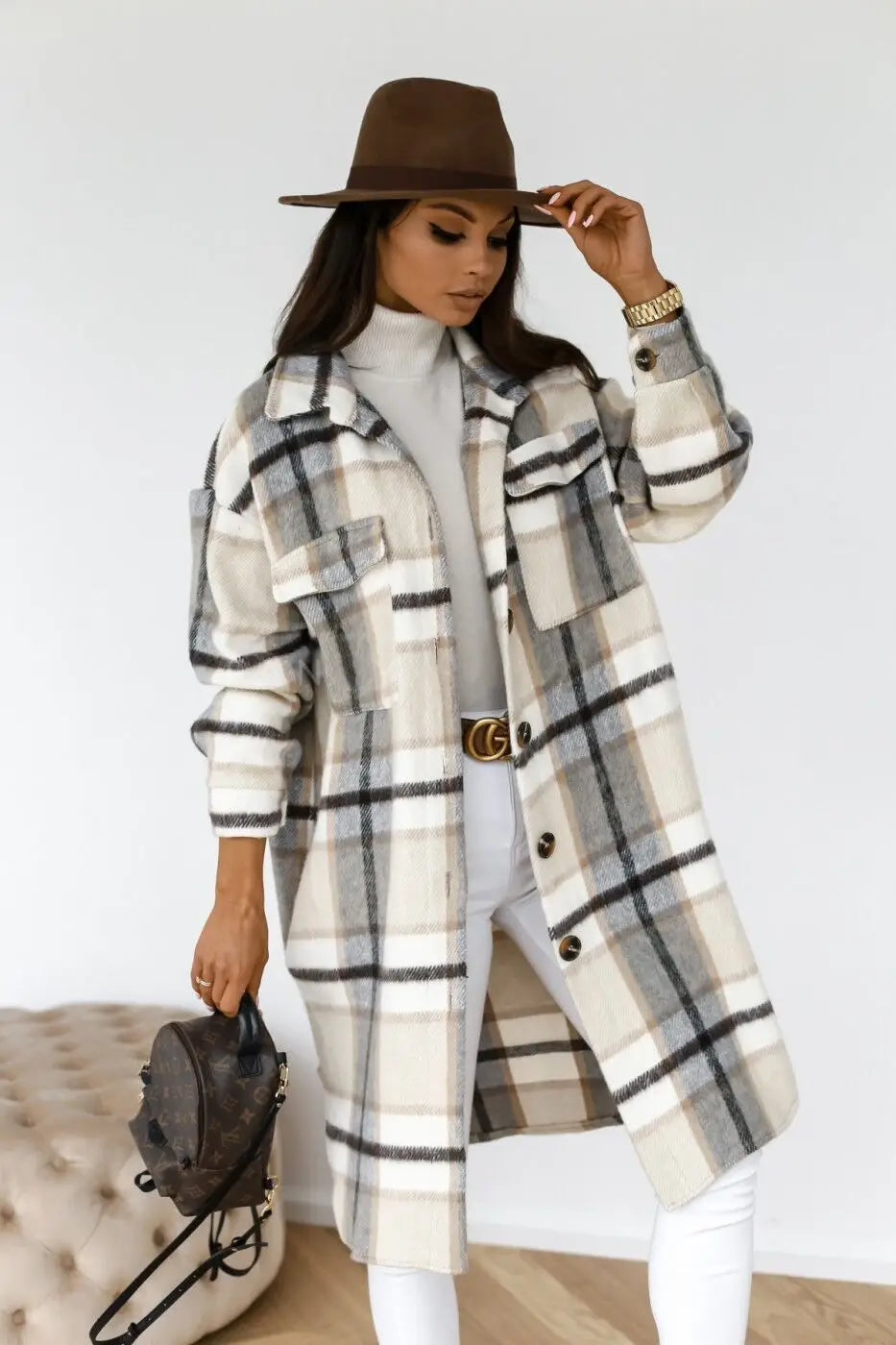 ModeGeist | Langer Mantel aus kariertem Fleece