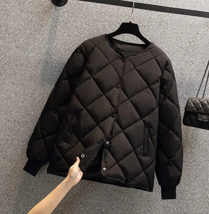 ModeGeist | Ge Quiltete Jacke - Diamantmuster - Rundhalsausschnitt - Druckknopfverschluss - Rippbündchen