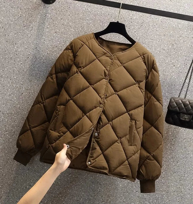 ModeGeist | Ge Quiltete Jacke - Diamantmuster - Rundhalsausschnitt - Druckknopfverschluss - Rippbündchen