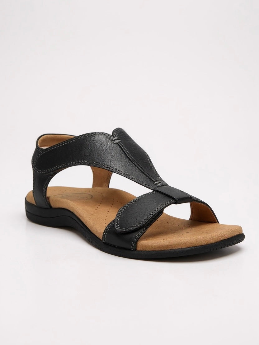 MODEGEIST Damen T-Strap Sandalen Flach Gepolstert Beige