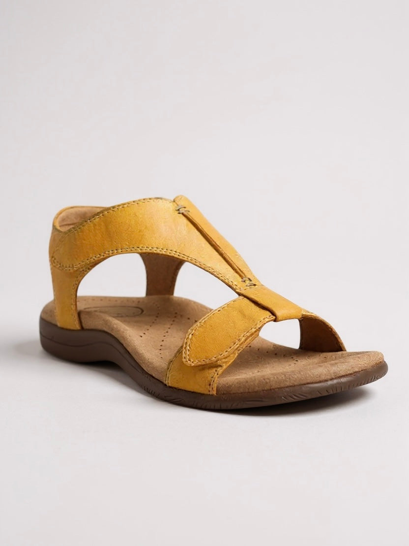 MODEGEIST Damen T-Strap Sandalen Flach Gepolstert Beige Sommer