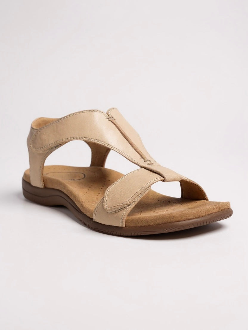 MODEGEIST Damen T-Strap Sandalen Flach Gepolstert Beige Sommer