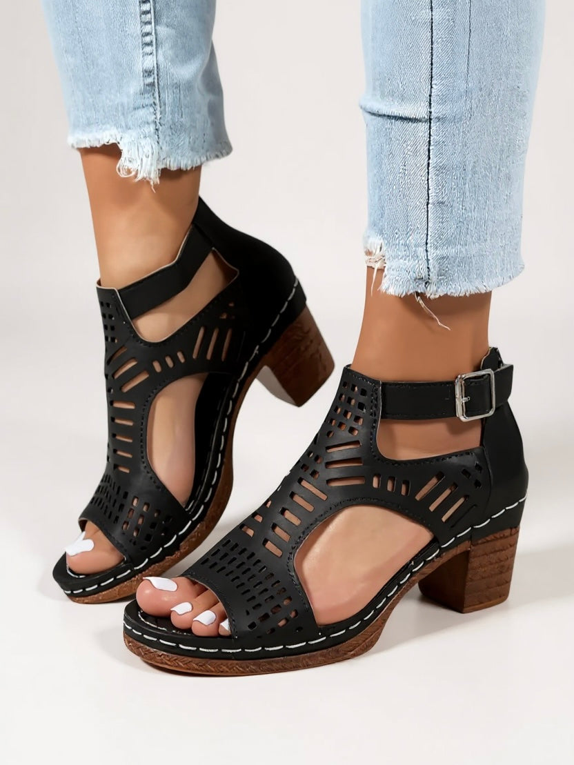 MODEGEIST Damen Sandaletten Blockabsatz Cut-Out Design