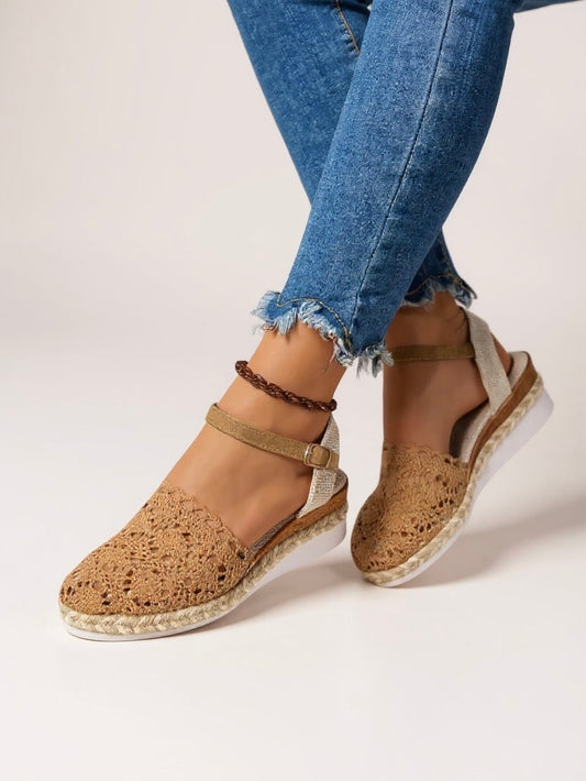 MODEGEIST Damen Platform Sandalen Häkel-Design Boho Beige
