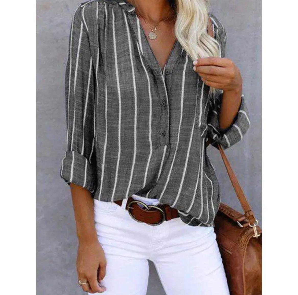 MODEGEIST Damen Casual Bluse Gestreift Kurze Ärmel Baumwolle