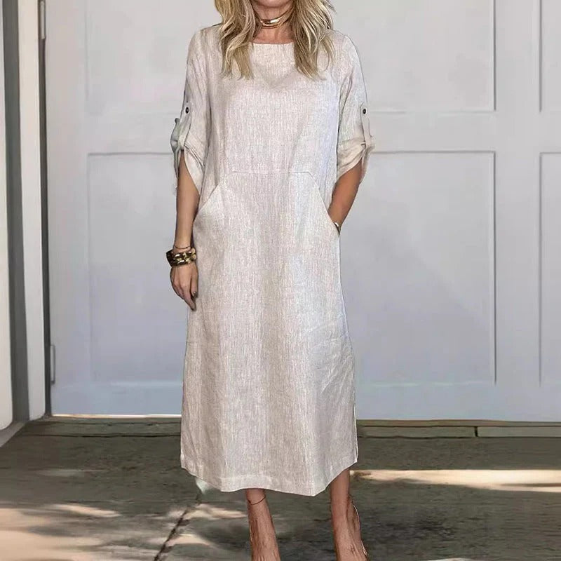Damen-Midikleid mit eleganten, gekrempelten Ärmeln