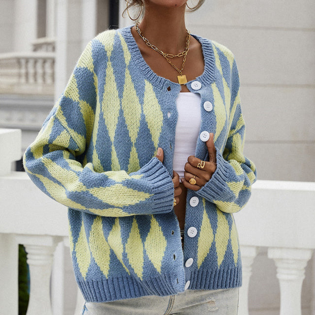 ModeGeist | Cardigan mit Harlekin-muster Rundhals Lässig und Trendy