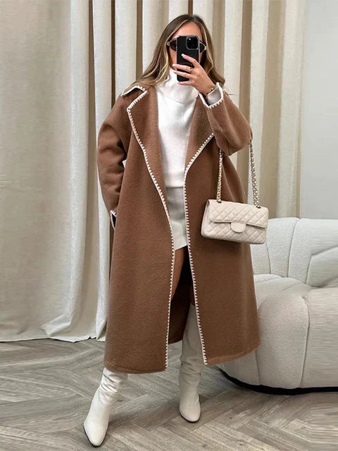 ModeGeist | Elegante Lange Jacke mit Kontrastnähten Wollmischung Luxuriös, Bequem