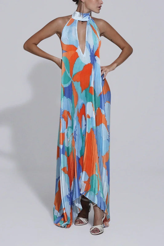 MODEGEIST Damen Halter Maxi-Kleid Plissiert Fließender Rock