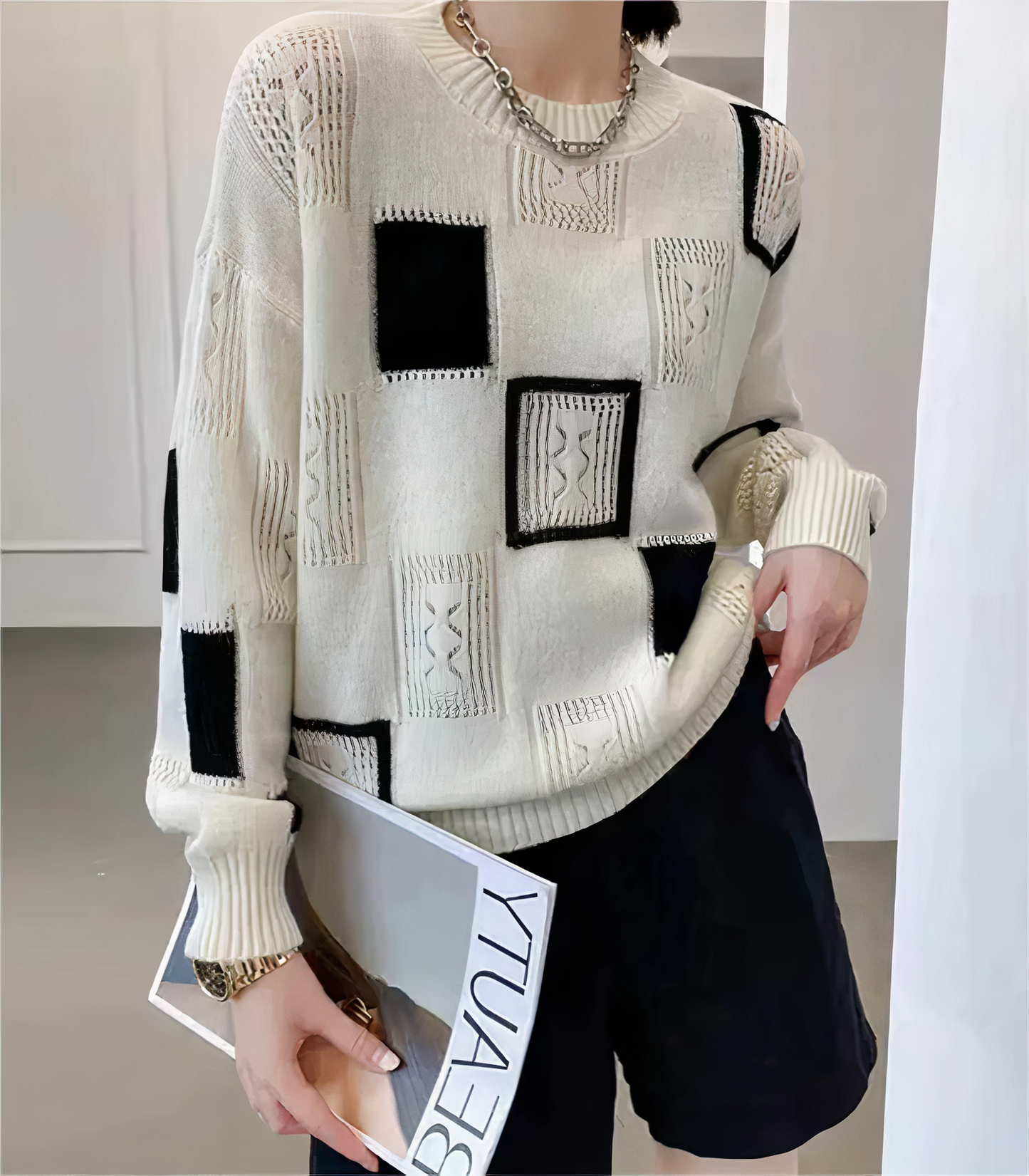 Pullover Lina mit geometrischem Patchwork-Muster