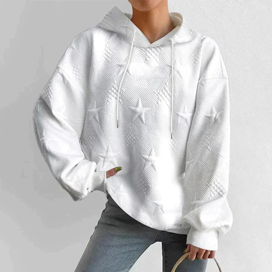 ModeGeist | Bequemer Weißer Damen Kapuzenpullover mit Sternen Muster